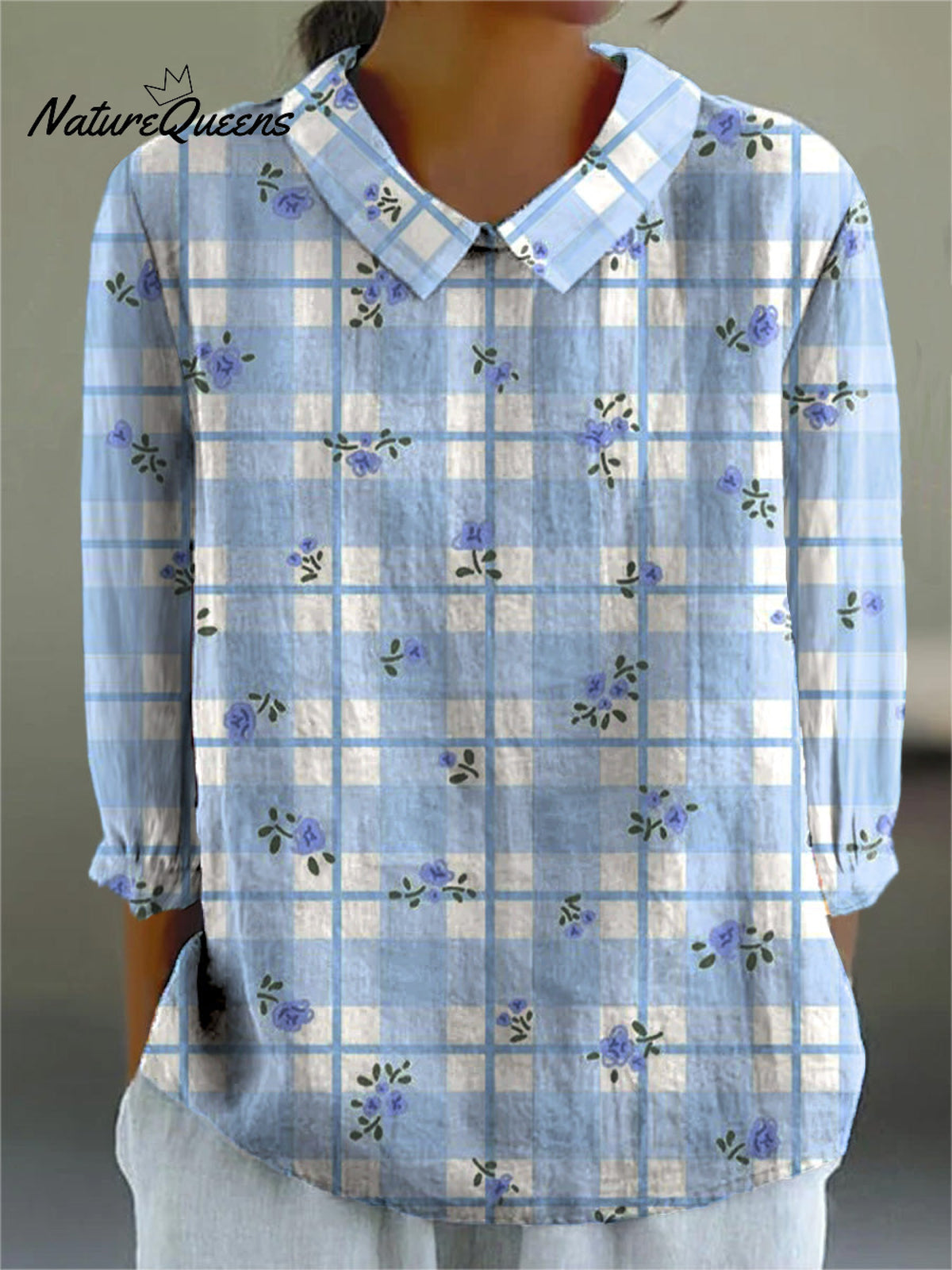 Spring Blueberry And Plaid Pattern Printed Women's Casual Cotton And Linen 3/4 Sleeve Shirt