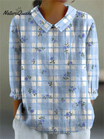 Spring Blueberry And Plaid Pattern Printed Women's Casual Cotton And Linen 3/4 Sleeve Shirt