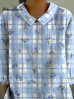 Spring Blueberry And Plaid Pattern Printed Women's Casual Cotton And Linen 3/4 Sleeve Shirt