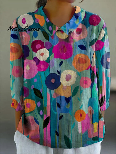 Vibrant Oil Painting Floral Pattern Printed Women's Casual Cotton And Linen 3/4 Sleeve Shirt