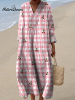 Lovely Summer Cherry And Plaid Pattern Printed Women's Dress