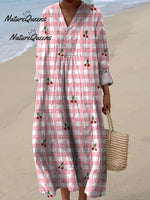 Lovely Summer Cherry And Plaid Pattern Printed Women's Casual Cotton And Linen 3/4 Sleeve Shirt