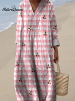 Lovely Summer Cherry And Plaid Pattern Printed Women's Dress