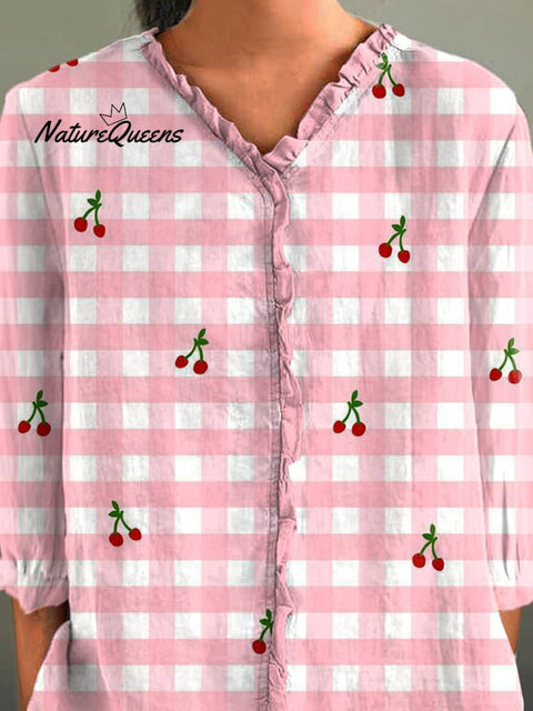 Lovely Summer Cherry And Plaid Pattern Printed Women's Casual Cotton And Linen 3/4 Sleeve Shirt