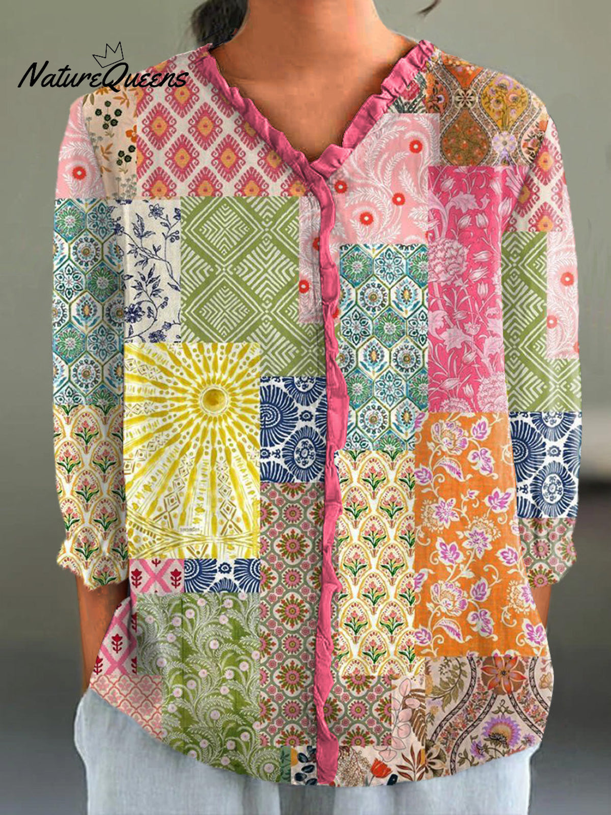 Summer Boho Patchwork Pattern Printed Women's Casual Cotton And Linen 3/4 Sleeve Shirt