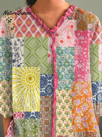 Summer Boho Patchwork Pattern Printed Women's Casual Cotton And Linen 3/4 Sleeve Shirt