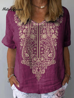 Ethnic Style Floral Pattern Printed Women's Casual Cotton And Linen Shirt