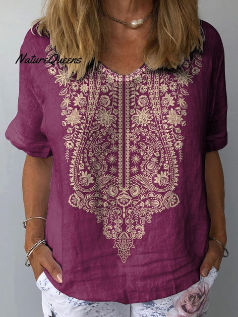 Ethnic Style Floral Pattern Printed Women's Casual Cotton And Linen Shirt