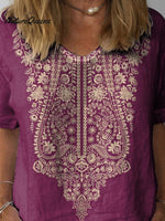 Ethnic Style Floral Pattern Printed Women's Casual Cotton And Linen Shirt