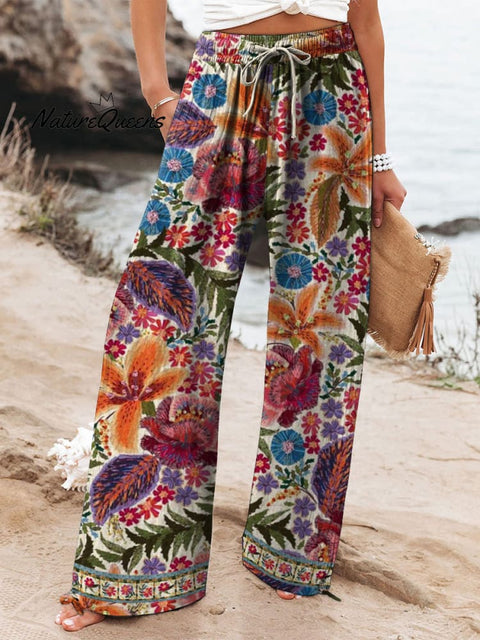 Summer Tropical Floral Pattern Printed Women's Cotton And Linen Casual Pants