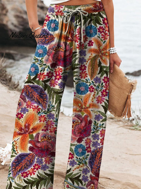 Summer Tropical Floral Pattern Printed Women's Cotton And Linen Casual Pants