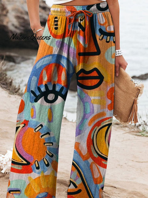 Picasso Style Abstract Art Printed Women's Cotton And Linen Casual Pants