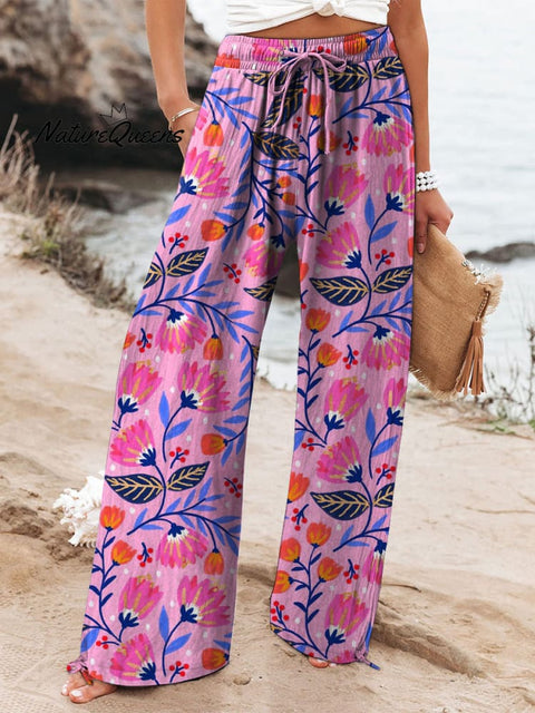 Vibrant Summer Floral Pattern Printed Women's Cotton And Linen Casual Pants