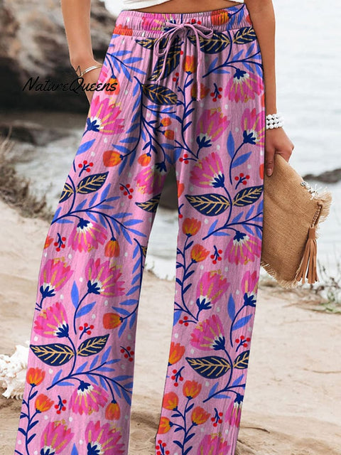 Vibrant Summer Floral Pattern Printed Women's Cotton And Linen Casual Pants