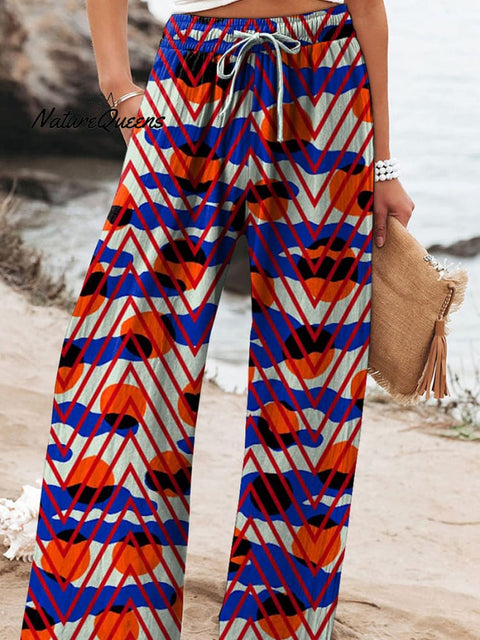 Bauhaus Style Geometric Pattern Printed Women's Cotton And Linen Casual Pants