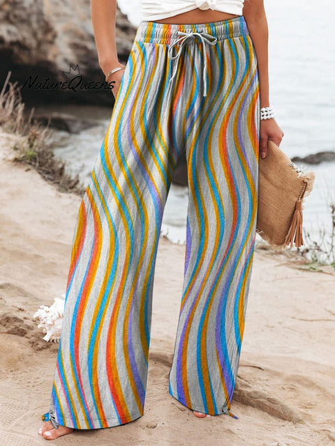 Multicolor Swirl Pattern Printed Women's Cotton And Linen Casual Pants