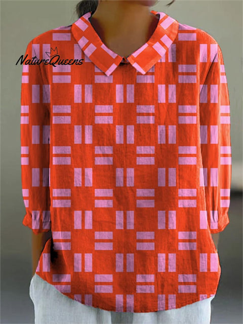 Modern Geometric Pattern Printed Women's Casual Cotton And Linen 3/4 Sleeve Shirt