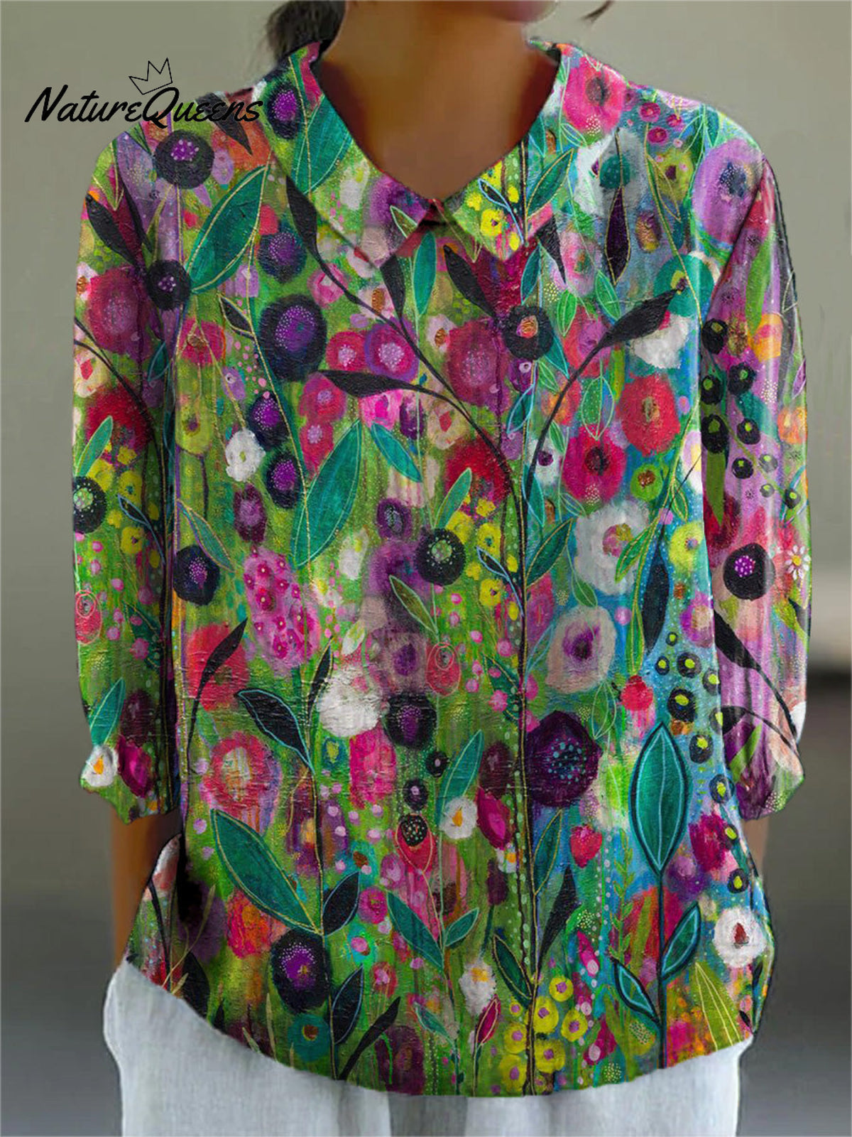 Oil Painting Summer Garden Art Printed Women's Casual Cotton And Linen 3/4 Sleeve Shirt