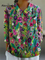 Oil Painting Summer Garden Art Printed Women's Casual Cotton And Linen 3/4 Sleeve Shirt