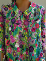 Oil Painting Summer Garden Art Printed Women's Casual Cotton And Linen 3/4 Sleeve Shirt