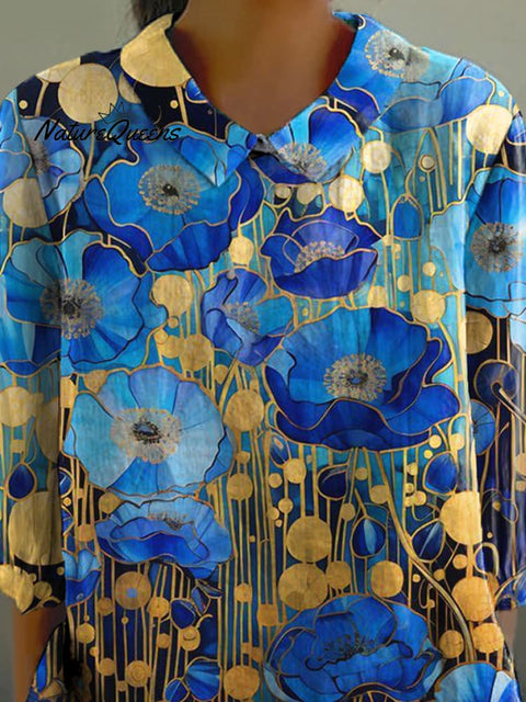 Vibrant Summer Poppy Floral Art Printed Women's Casual Cotton And Linen 3/4 Sleeve Shirt