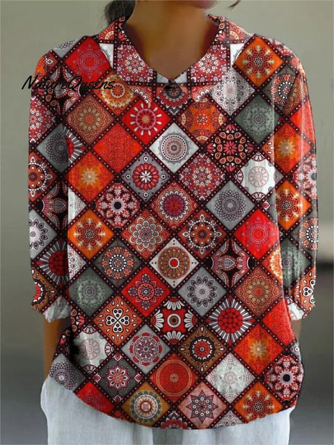 Ethnic Summer Pattern Printed Women's Casual Cotton And Linen 3/4 Sleeve Shirt