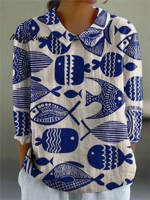 Mono Print Sea Fish Pattern Printed Women's Casual Cotton And Linen 3/4 Sleeve Shirt