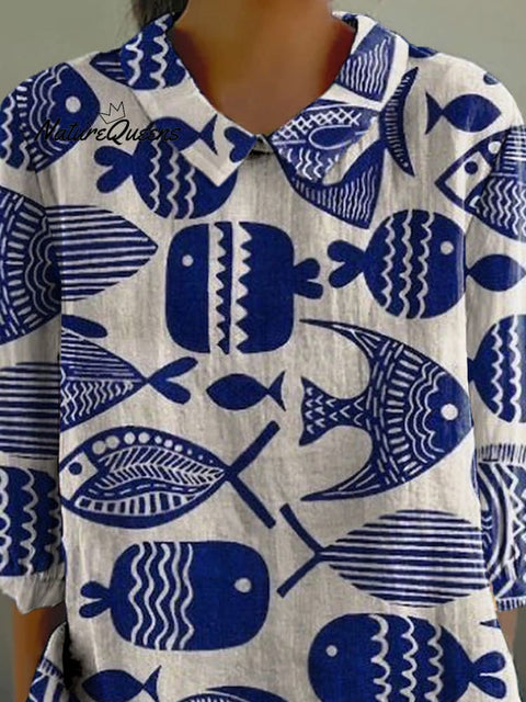 Mono Print Sea Fish Pattern Printed Women's Casual Cotton And Linen 3/4 Sleeve Shirt