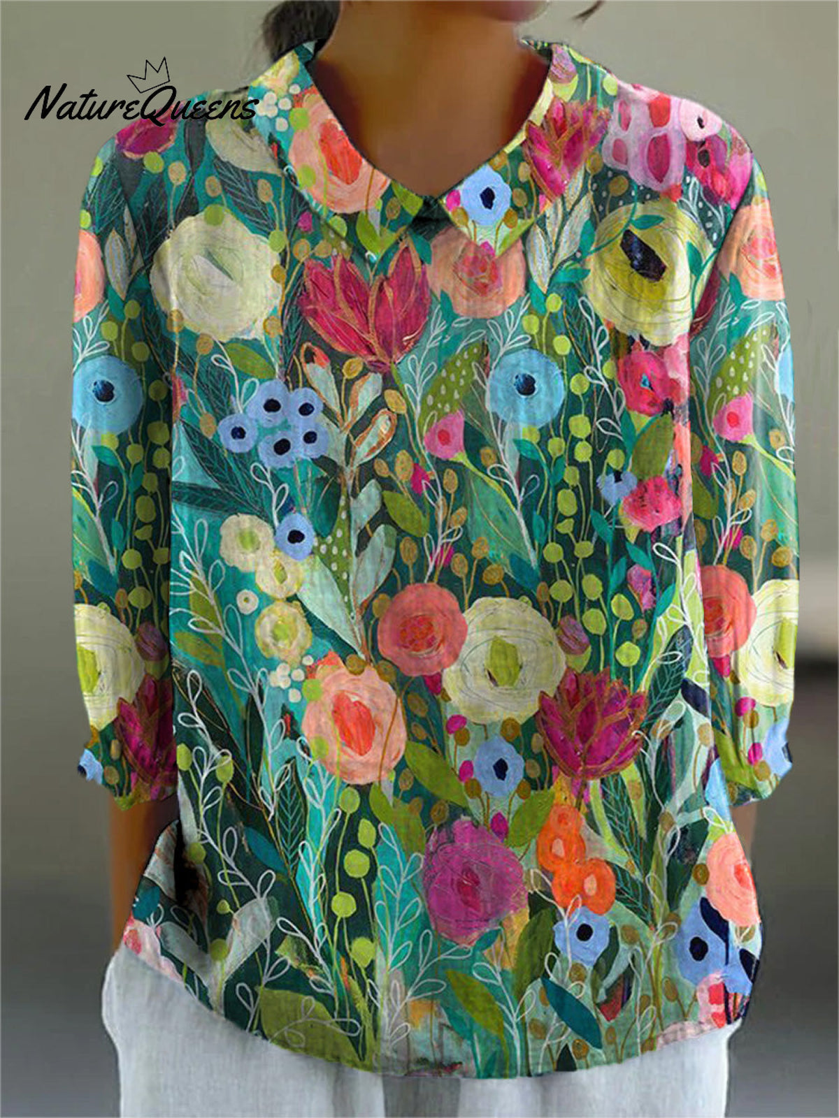 Colorful Summer Floral Art Printed Women's Casual Cotton And Linen 3/4 Sleeve Shirt