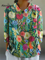 Colorful Summer Floral Art Printed Women's Casual Cotton And Linen 3/4 Sleeve Shirt
