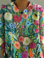 Colorful Summer Floral Art Printed Women's Casual Cotton And Linen 3/4 Sleeve Shirt