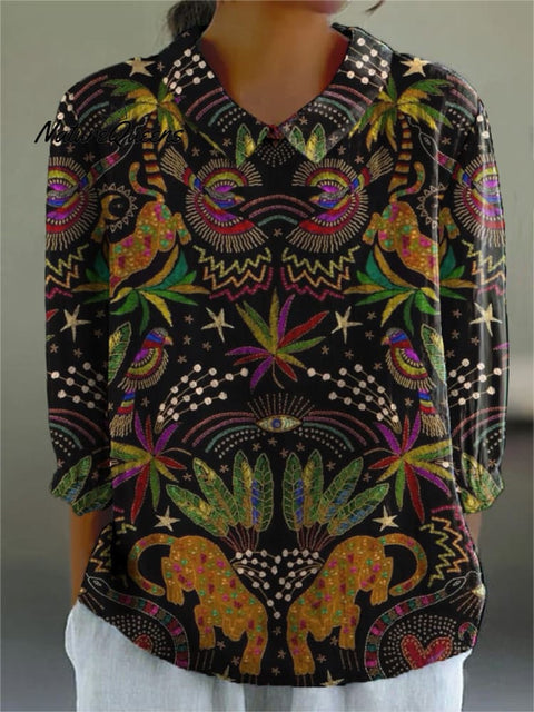 Midnight Tropical Jungle Symmetrical Pattern Printed Women's Casual Cotton And Linen 3/4 Sleeve Shirt