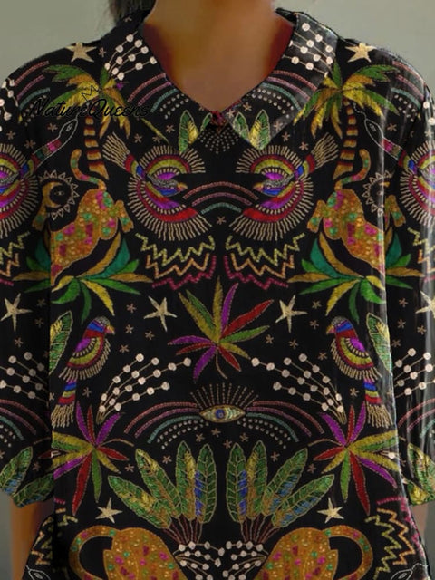 Midnight Tropical Jungle Symmetrical Pattern Printed Women's Casual Cotton And Linen 3/4 Sleeve Shirt