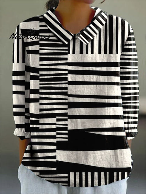 Abstract Strip Pattern Printed Women's Casual Cotton And Linen 3/4 Sleeve Shirt