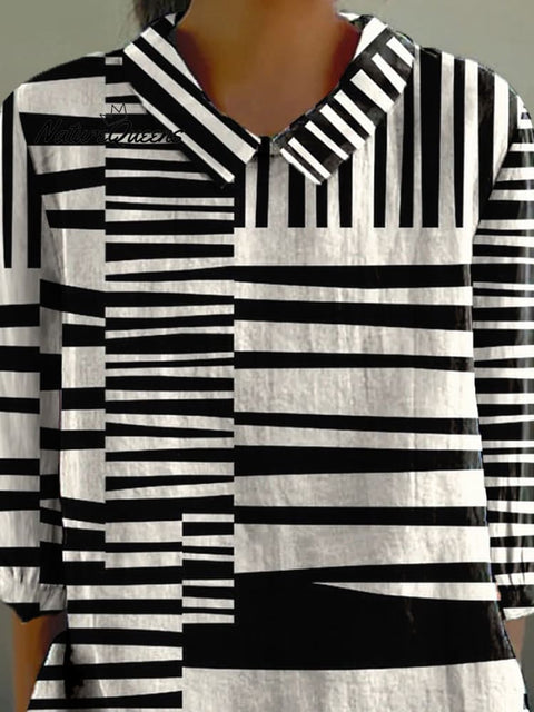 Abstract Strip Pattern Printed Women's Casual Cotton And Linen 3/4 Sleeve Shirt