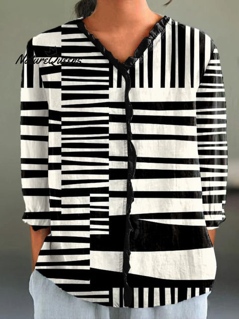 Abstract Strip Pattern Printed Women's Casual Cotton And Linen 3/4 Sleeve Shirt