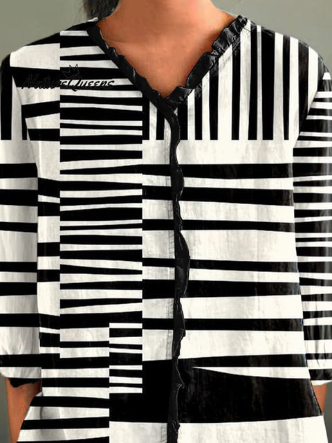 Abstract Strip Pattern Printed Women's Casual Cotton And Linen 3/4 Sleeve Shirt