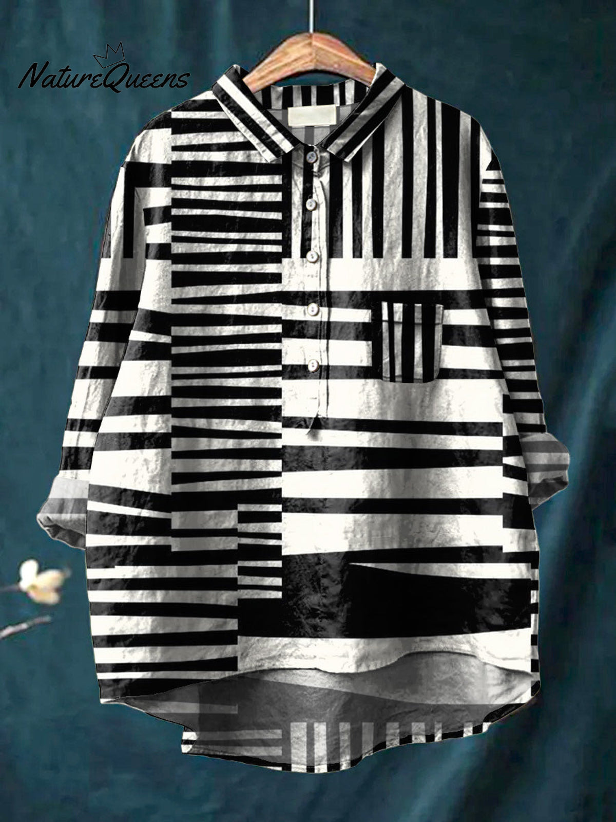 Abstract Strip Pattern Printed Women's Casual Cotton And Linen Shirt