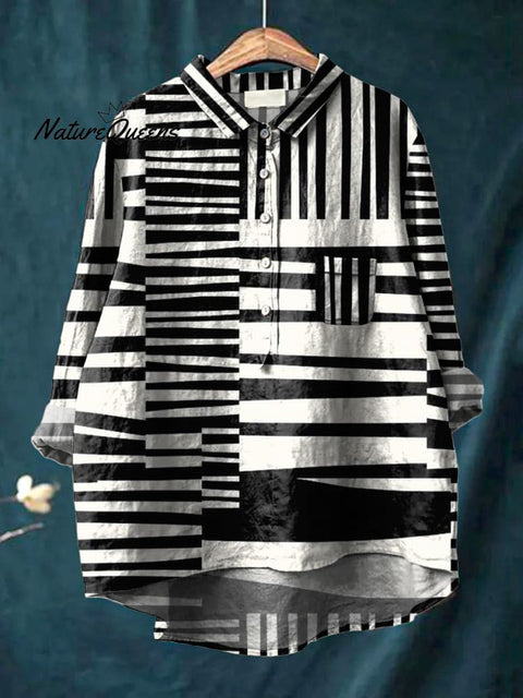 Abstract Strip Pattern Printed Women's Casual Cotton And Linen Shirt