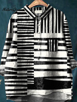 Abstract Strip Pattern Printed Women's Casual Cotton And Linen Shirt