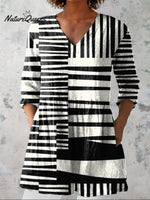 Abstract Strip Pattern Printed Women's Casual Linen V-Neck Shirt