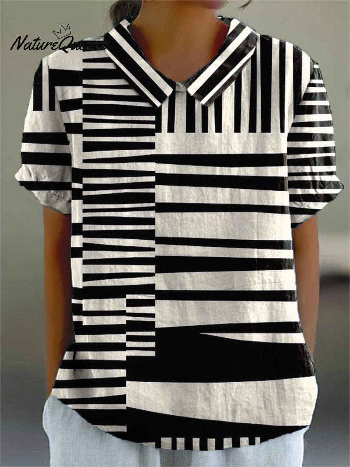 Abstract Strip Pattern Printed Women's Casual Cotton And Linen Shirt