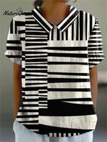 Abstract Strip Pattern Printed Women's Casual Cotton And Linen Shirt