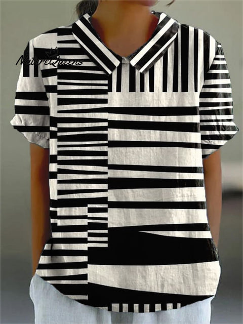 Abstract Strip Pattern Printed Women's Casual Cotton And Linen Shirt