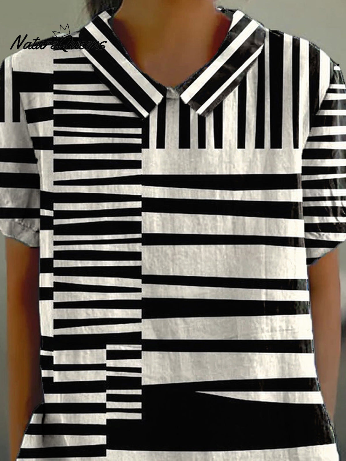 Abstract Strip Pattern Printed Women's Casual Cotton And Linen Shirt