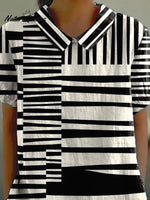 Abstract Strip Pattern Printed Women's Casual Cotton And Linen Shirt