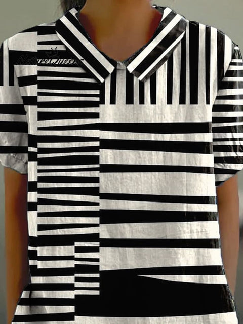 Abstract Strip Pattern Printed Women's Casual Cotton And Linen Shirt