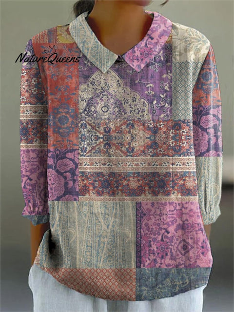 Boho Style Patchwork Pattern Printed Women's Casual Cotton And Linen 3/4 Sleeve Shirt