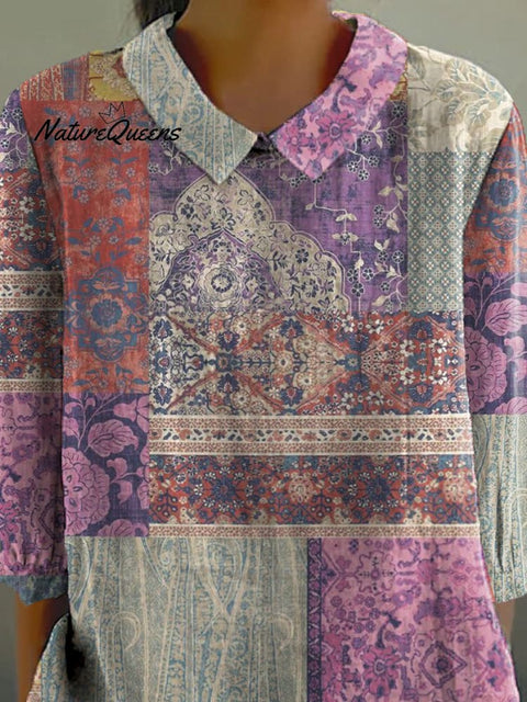 Boho Style Patchwork Pattern Printed Women's Casual Cotton And Linen 3/4 Sleeve Shirt