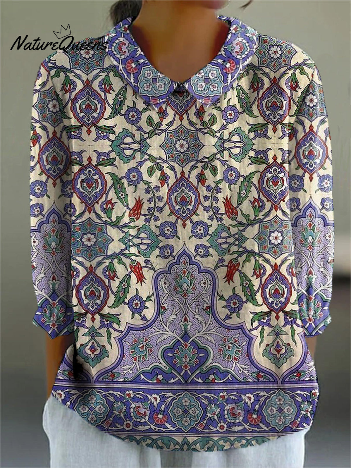 Summer Ethnic Pattern Printed Women's Casual Cotton And Linen 3/4 Sleeve Shirt